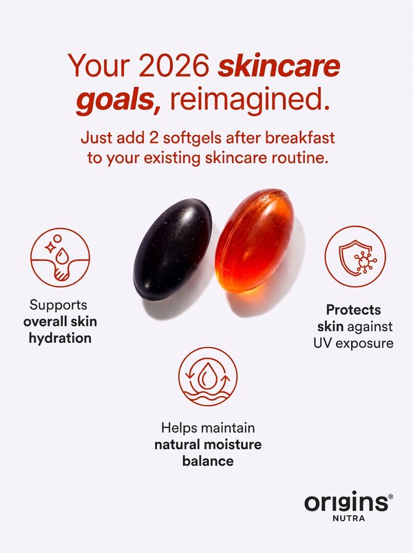 Origins Nutra static ad: two softgels with three skin benefit icons
